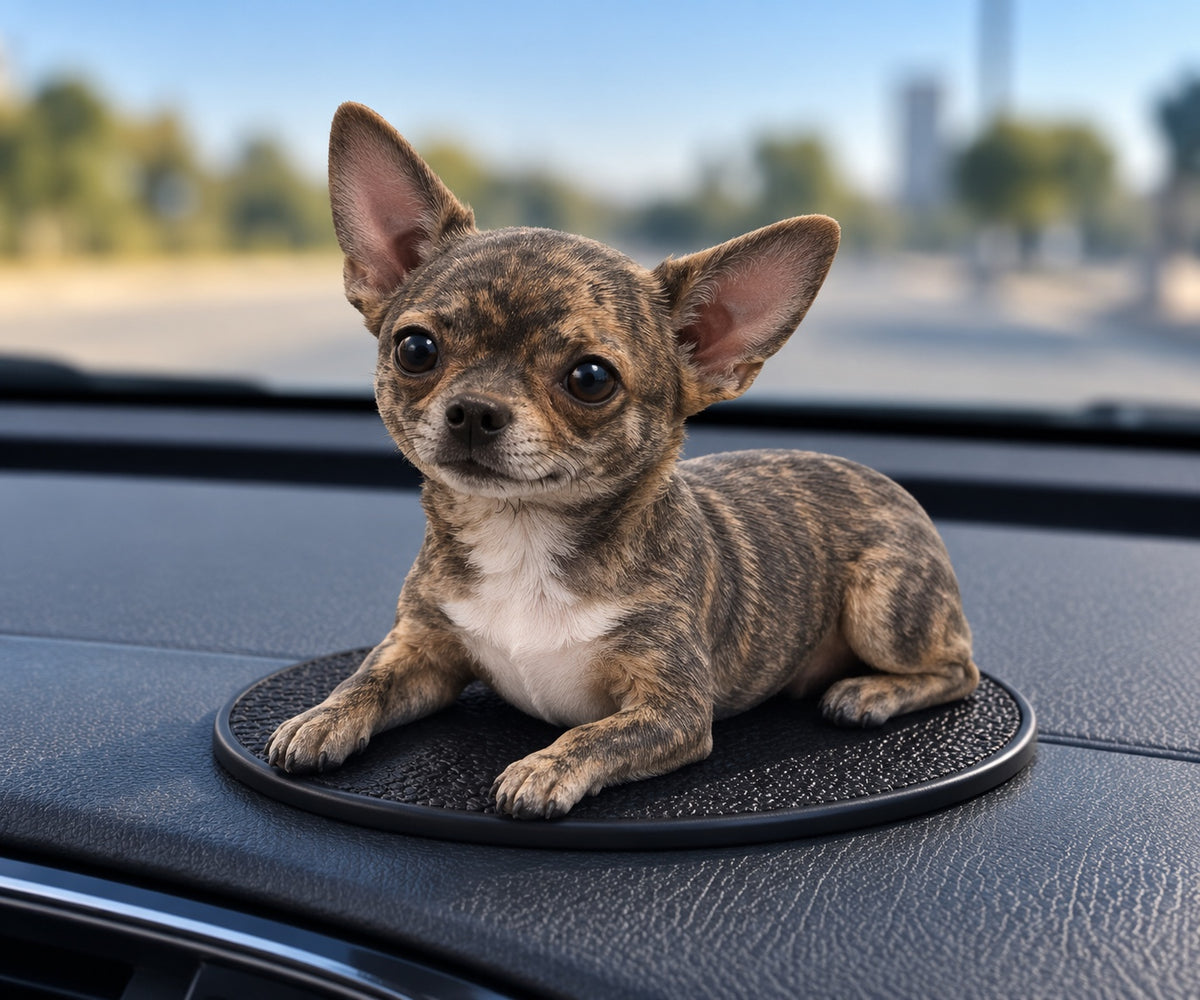 Brindle Chihuahua puppy dashboard figurine on car dashboard mat