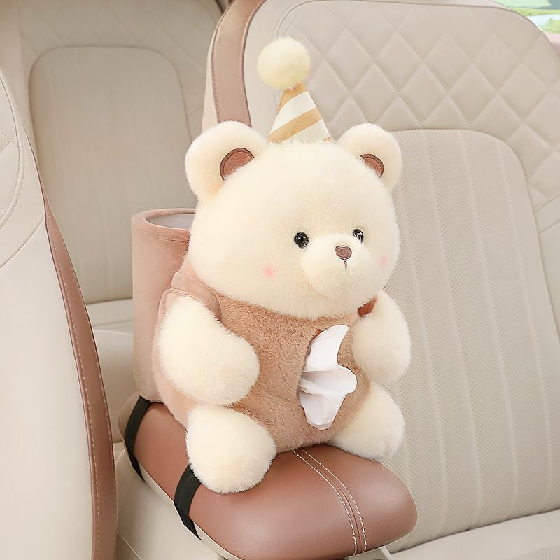 PartyBear plush car tissue holder on a car seat